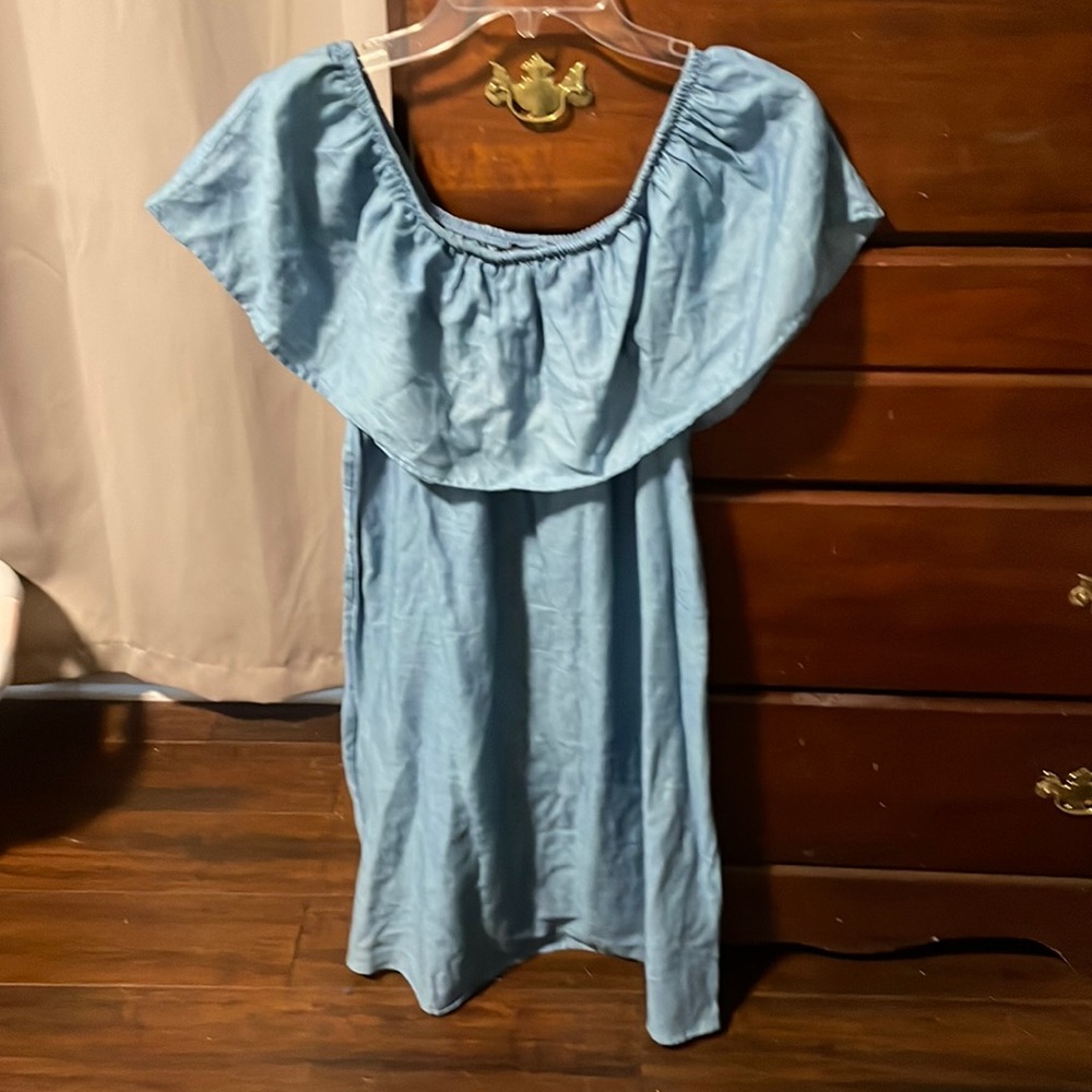 Iris L Blue Chambray Denim Ruffle Neckline Short Dress